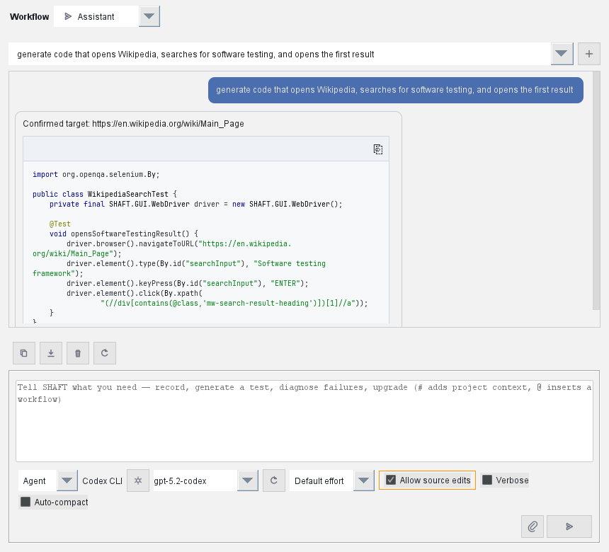 SHAFT IntelliJ assistant showing an automation request and generated Java test