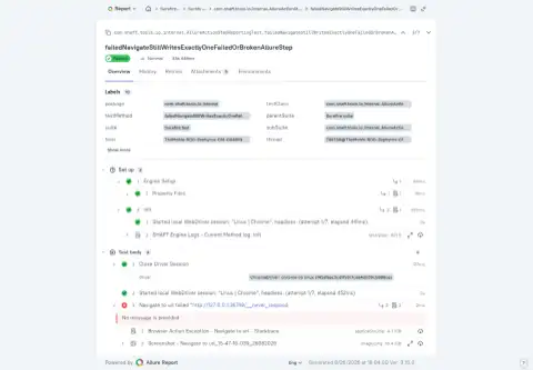 Real SHAFT Allure report showing a failed browser action with its screenshot and exception evidence.