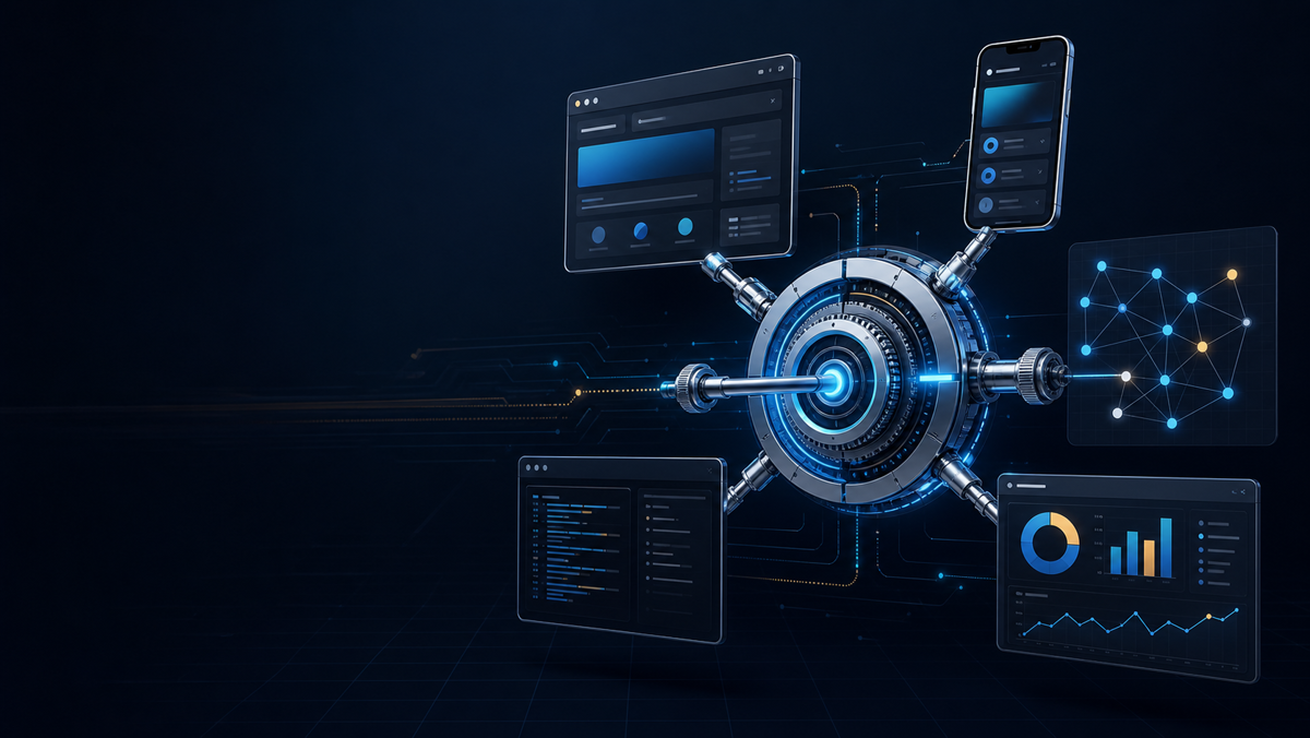 A central automation engine connected to browser, mobile, API, terminal, and reporting interfaces